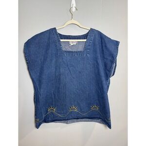 GOLDEN SEA Women's 3X‎ Denim Square Neck Cap Sleeve Sun Embroidery Top